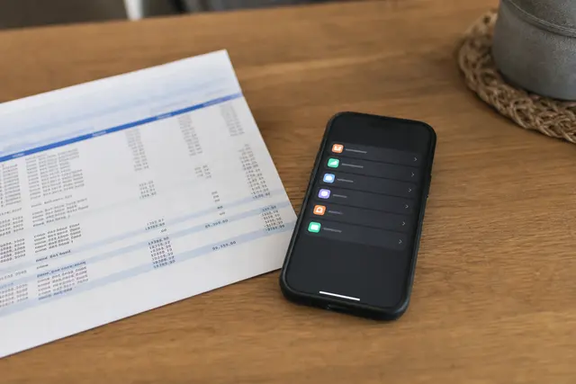 Relevé bancaire papier et smartphone affichant une application de gestion d'abonnements sur un bureau