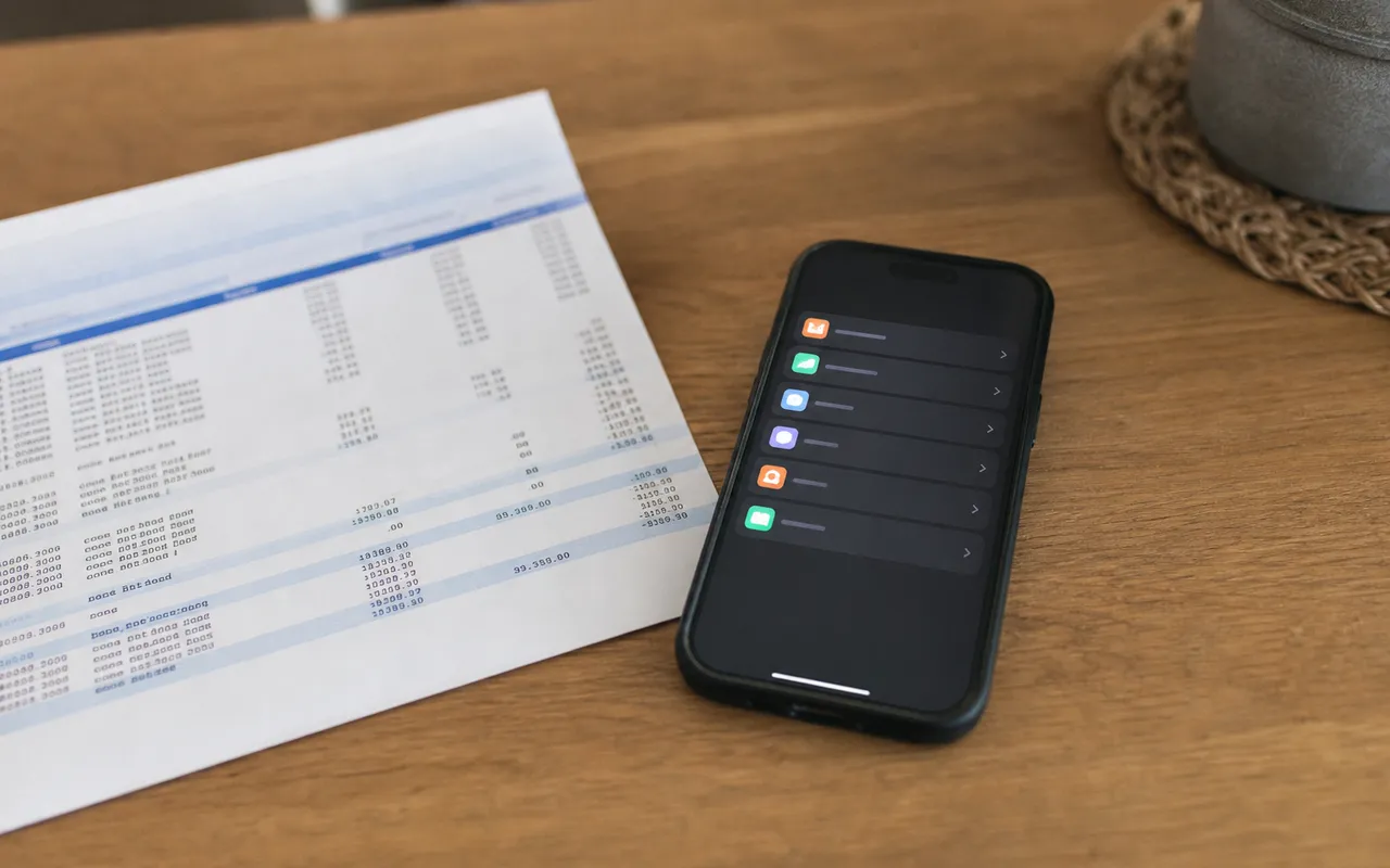 Relevé bancaire papier et smartphone affichant une application de gestion d'abonnements sur un bureau