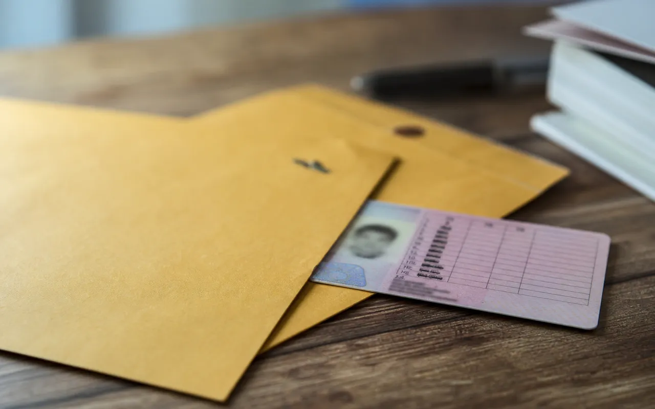 Enveloppe administrative posée sur une table à côté d'un permis de conduire