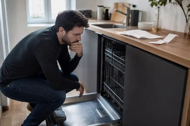 Personne examinant un appareil électroménager en panne dans sa cuisine, ticket de caisse et notice posés à côté