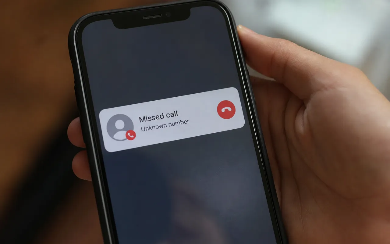 Smartphone affichant un appel manqué d'un numéro inconnu