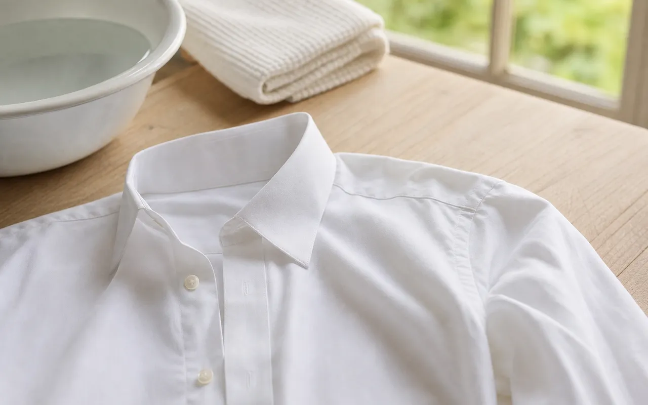 Chemise blanche posée à plat sur une table, col et emmanchure visibles, dans une lumière naturelle de buanderie
