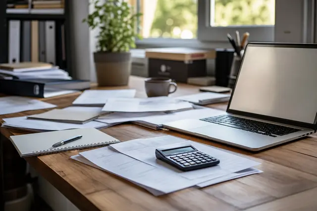 Bureau d'indépendant avec ordinateur portable, factures et calculatrice, ambiance de travail à domicile