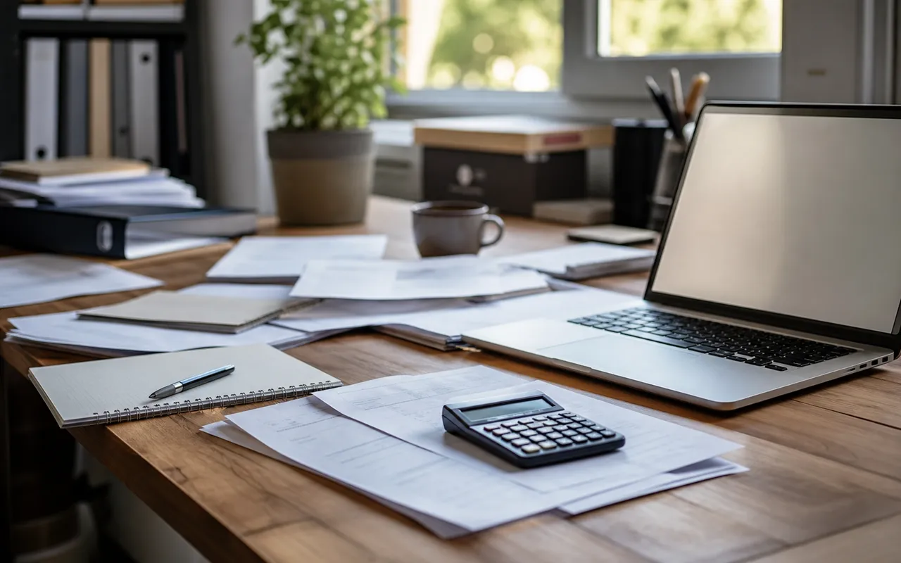 Bureau d'indépendant avec ordinateur portable, factures et calculatrice, ambiance de travail à domicile