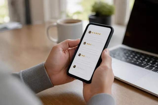 Personne consultant sur un smartphone la fiche d'avis d'un établissement