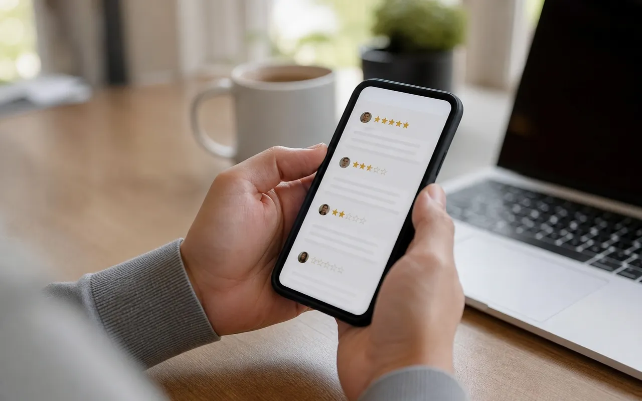 Personne consultant sur un smartphone la fiche d'avis d'un établissement