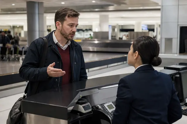 Voyageur au comptoir bagages d'un aéroport signalant la perte de sa valise à une agente de la compagnie