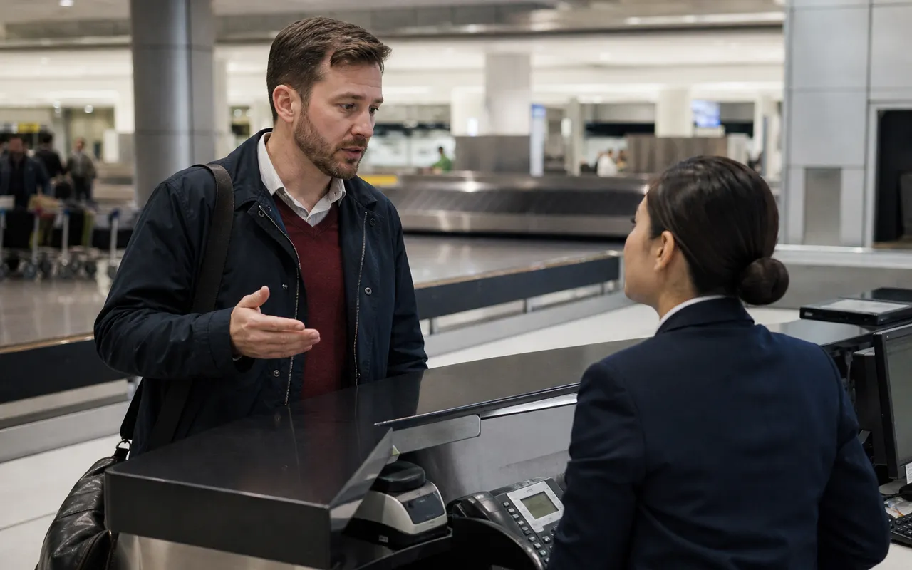 Voyageur au comptoir bagages d'un aéroport signalant la perte de sa valise à une agente de la compagnie