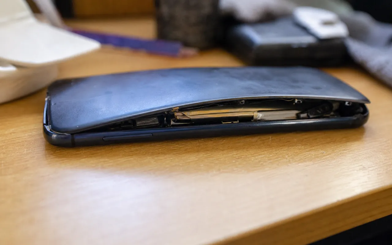 Smartphone posé sur une table avec le dos légèrement bombé, coque entrouverte laissant apparaître la batterie