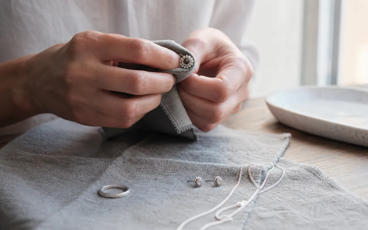Bijoux en argent posés sur un tissu doux avant un nettoyage délicat