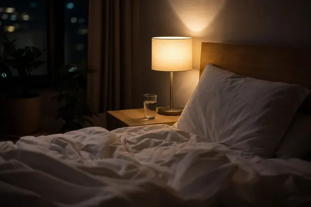 Chambre à coucher éclairée par une lampe de chevet au milieu de la nuit, lit défait et verre d'eau posé sur la table de nuit
