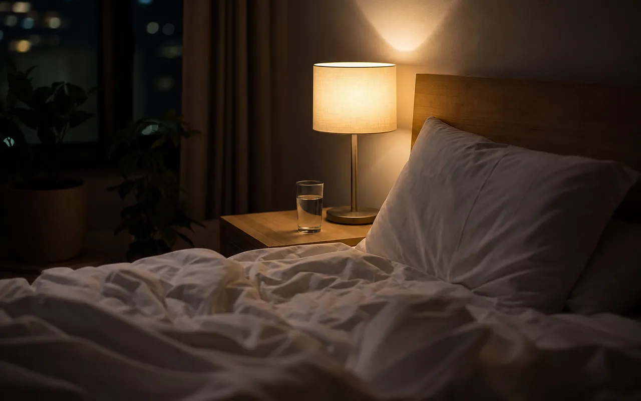Chambre à coucher éclairée par une lampe de chevet au milieu de la nuit, lit défait et verre d'eau posé sur la table de nuit