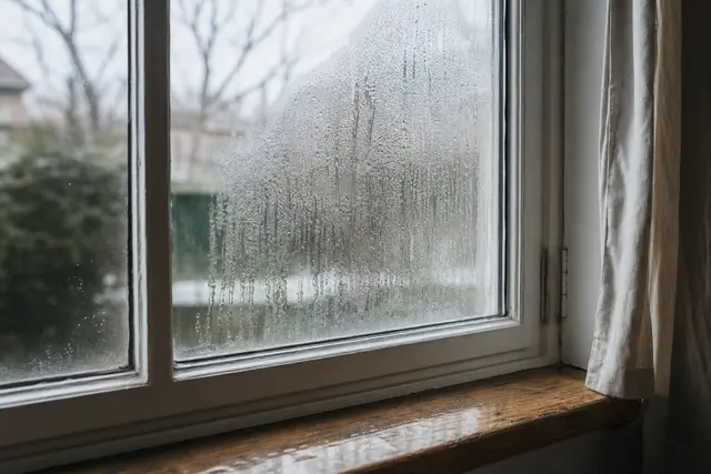 Fenêtre d'un logement couverte de condensation au petit matin, gouttes d'eau ruisselant sur la vitre en hiver