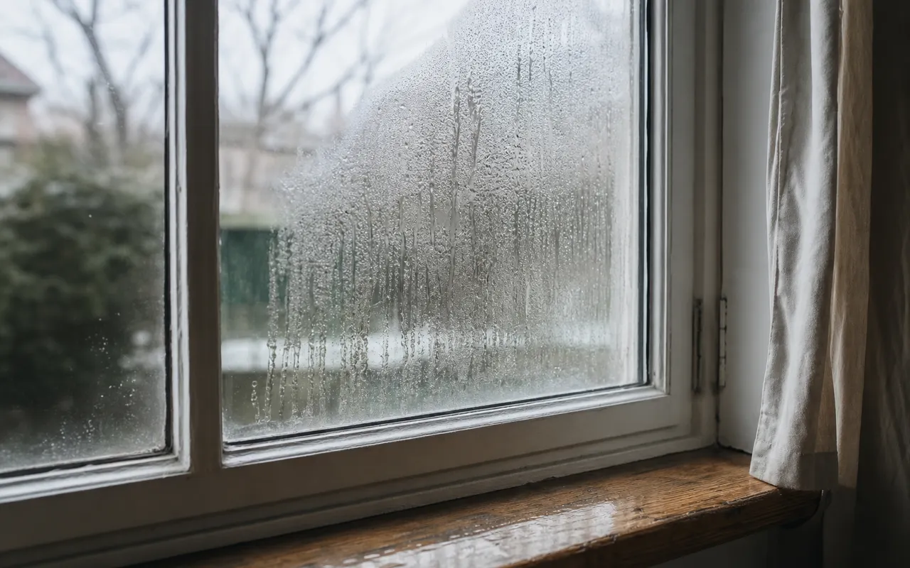 Fenêtre d'un logement couverte de condensation au petit matin, gouttes d'eau ruisselant sur la vitre en hiver
