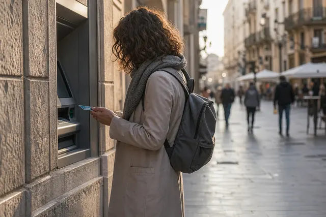 Voyageur devant un distributeur automatique de billets dans une rue étrangère, carte bancaire à la main
