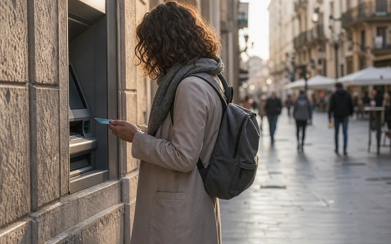 Voyageur devant un distributeur automatique de billets dans une rue étrangère, carte bancaire à la main