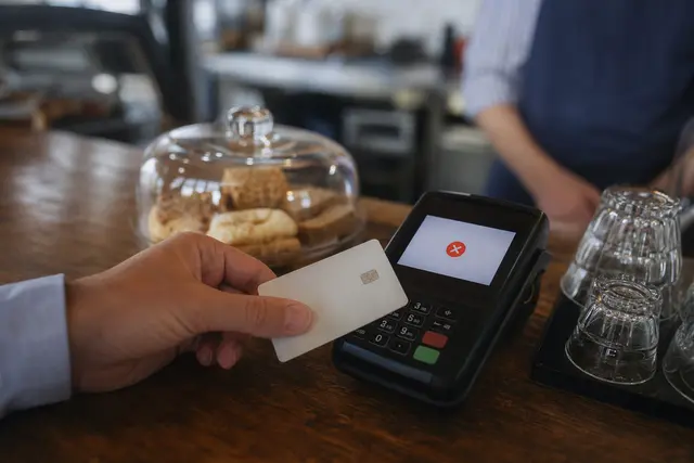 Main tenant une carte bancaire près d'un terminal de paiement dans un commerce, écran affichant un message d'erreur