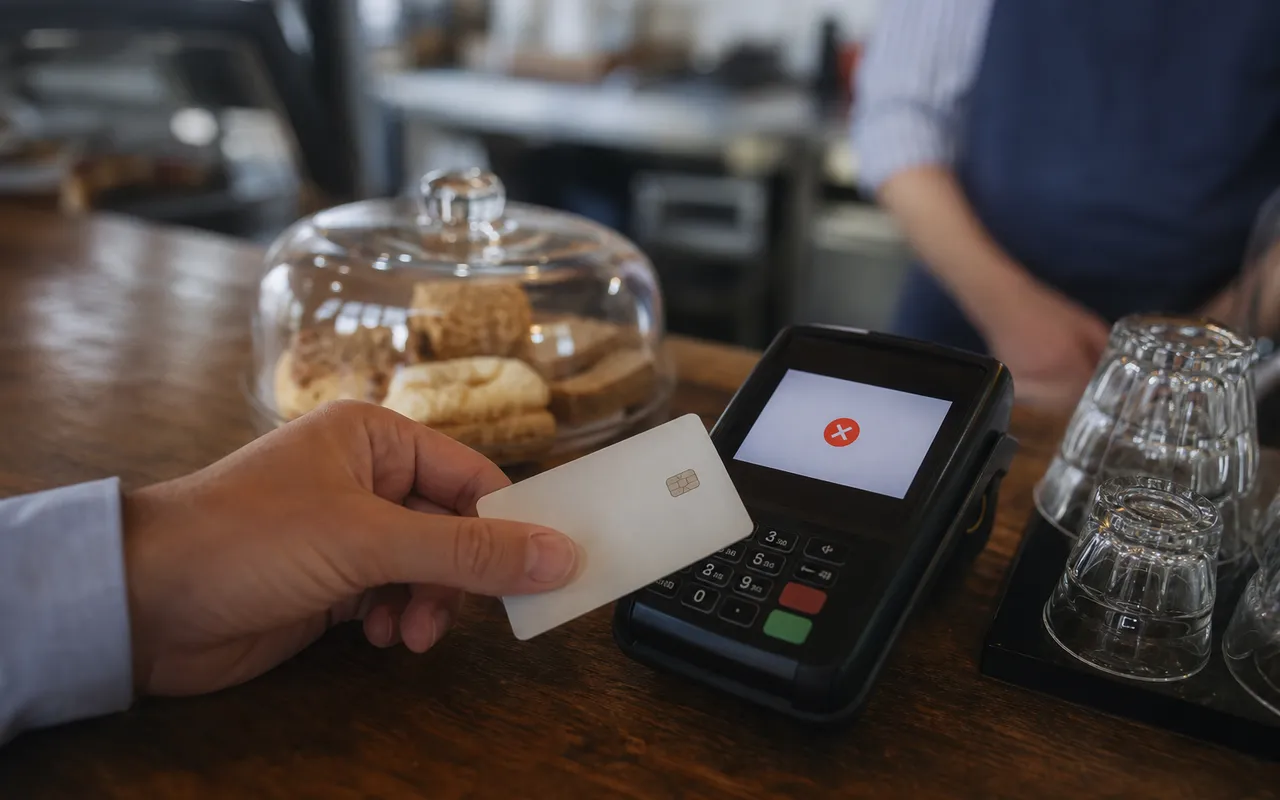 Main tenant une carte bancaire près d'un terminal de paiement dans un commerce, écran affichant un message d'erreur