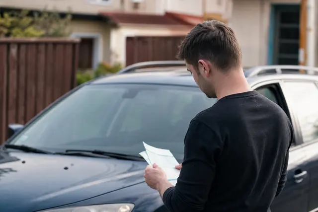 Automobiliste consultant des documents administratifs de véhicule à côté d'une voiture d'occasion