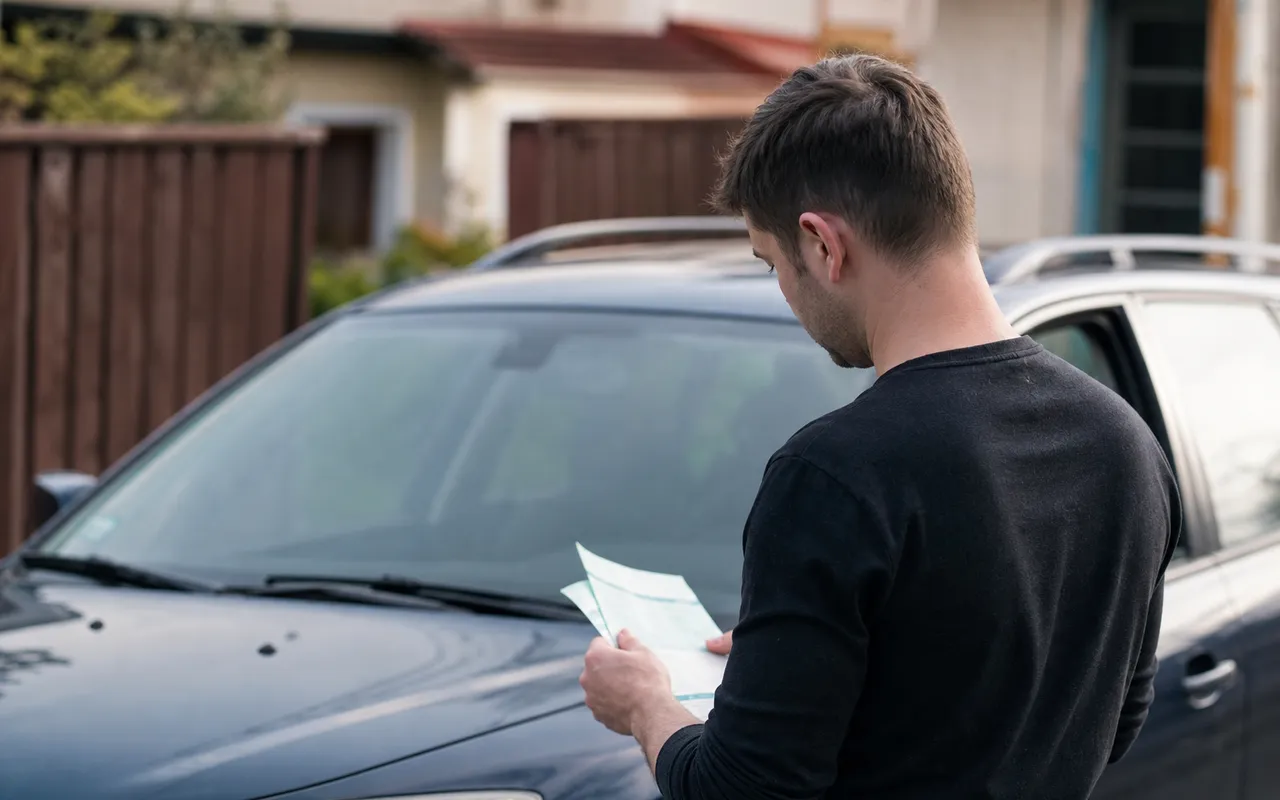 Automobiliste consultant des documents administratifs de véhicule à côté d'une voiture d'occasion