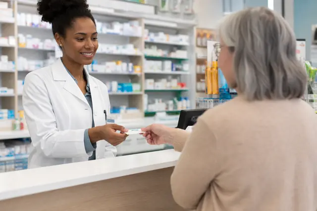Patient présentant sa carte Vitale au comptoir d'une pharmacie