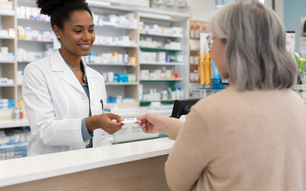 Patient présentant sa carte Vitale au comptoir d'une pharmacie
