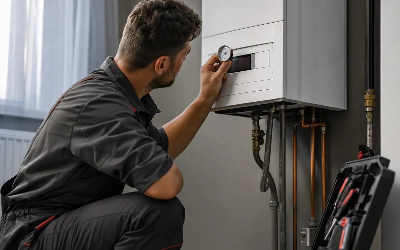 Technicien examinant l'écran de contrôle d'une chaudière murale dans un cellier