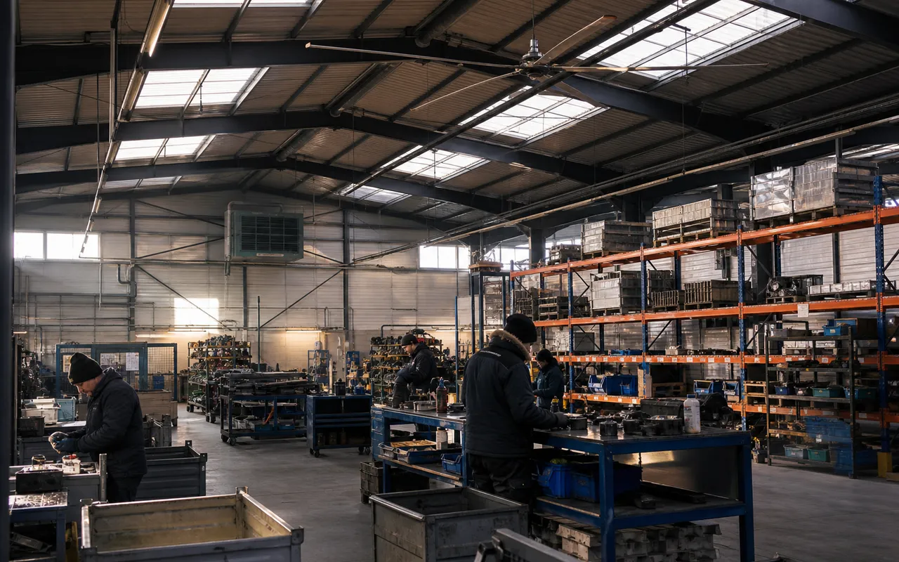 Chauffage industriel avec déstratificateur : Chauffage avec système de déstratification pour homogénéité thermique