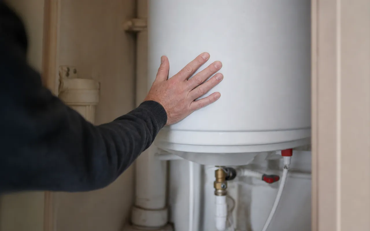 Chauffe-eau électrique blanc installé dans un cellier, gros plan sur le ballon et la tuyauterie
