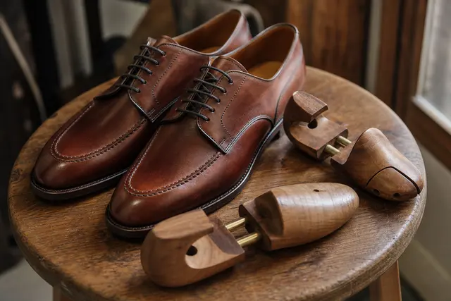Paire de chaussures en cuir neuves posées sur un tabouret, embauchoirs à proximité