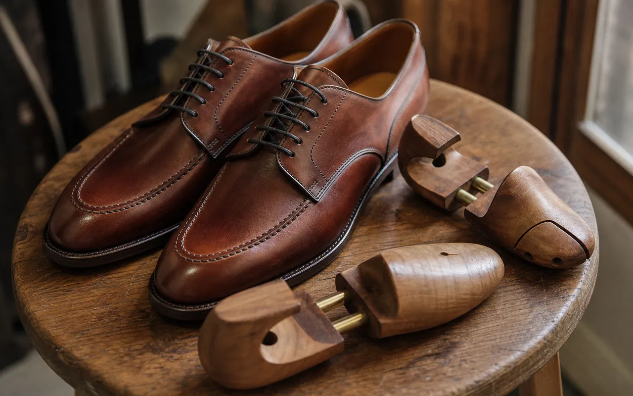 Paire de chaussures en cuir neuves posées sur un tabouret, embauchoirs à proximité