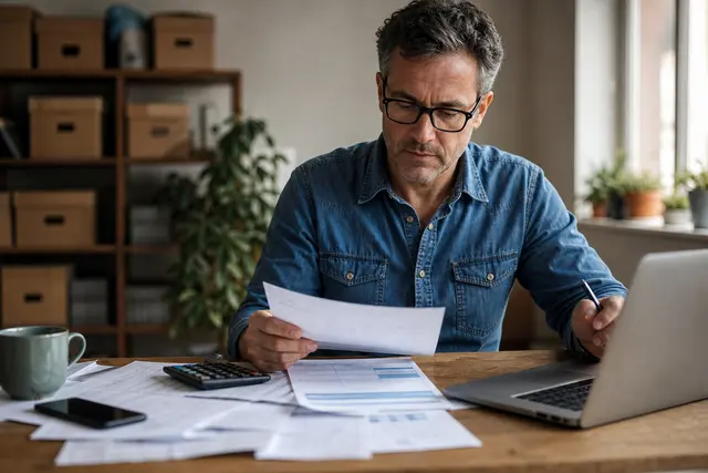 Entrepreneur consultant une facture impayée et des relevés de compte sur un bureau en bois