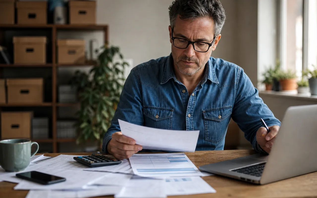 Entrepreneur consultant une facture impayée et des relevés de compte sur un bureau en bois