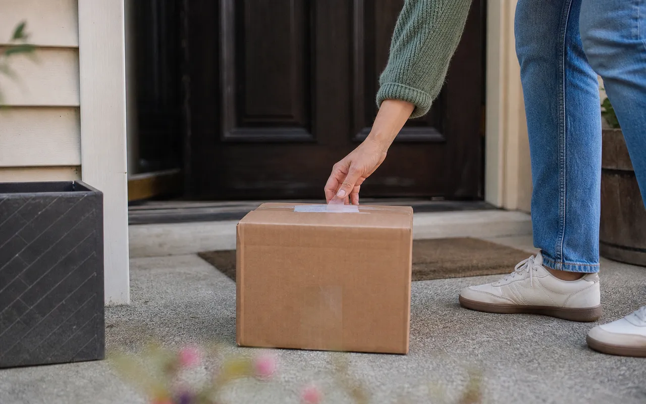 Colis en carton posé devant une porte d'entrée, main qui vérifie l'étiquette d'expédition
