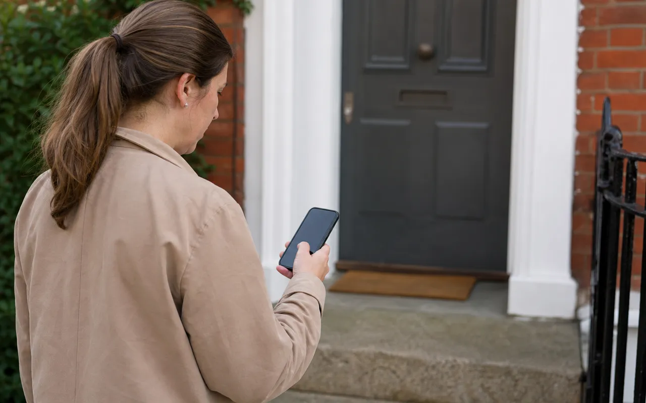 Personne consultant le suivi d'un colis en retard sur son téléphone devant sa porte d'entrée