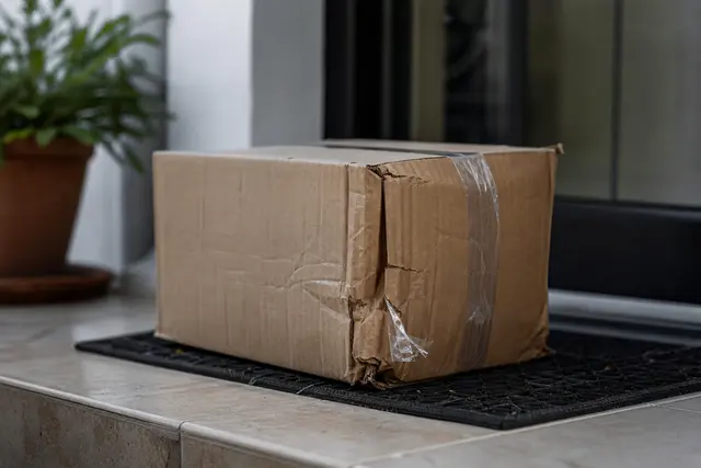 Carton de livraison abîmé sur le pas d'une porte, coin écrasé et ruban adhésif décollé, lumière naturelle
