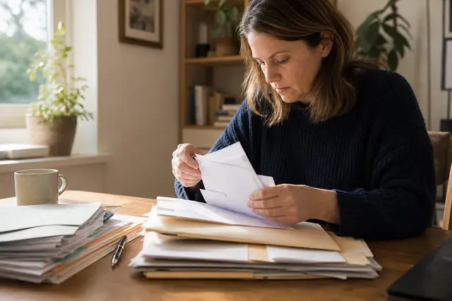 Classeur de factures et papiers administratifs organisés par catégorie sur un bureau