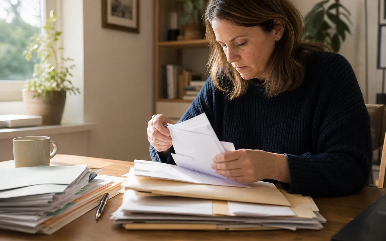 Classeur de factures et papiers administratifs organisés par catégorie sur un bureau