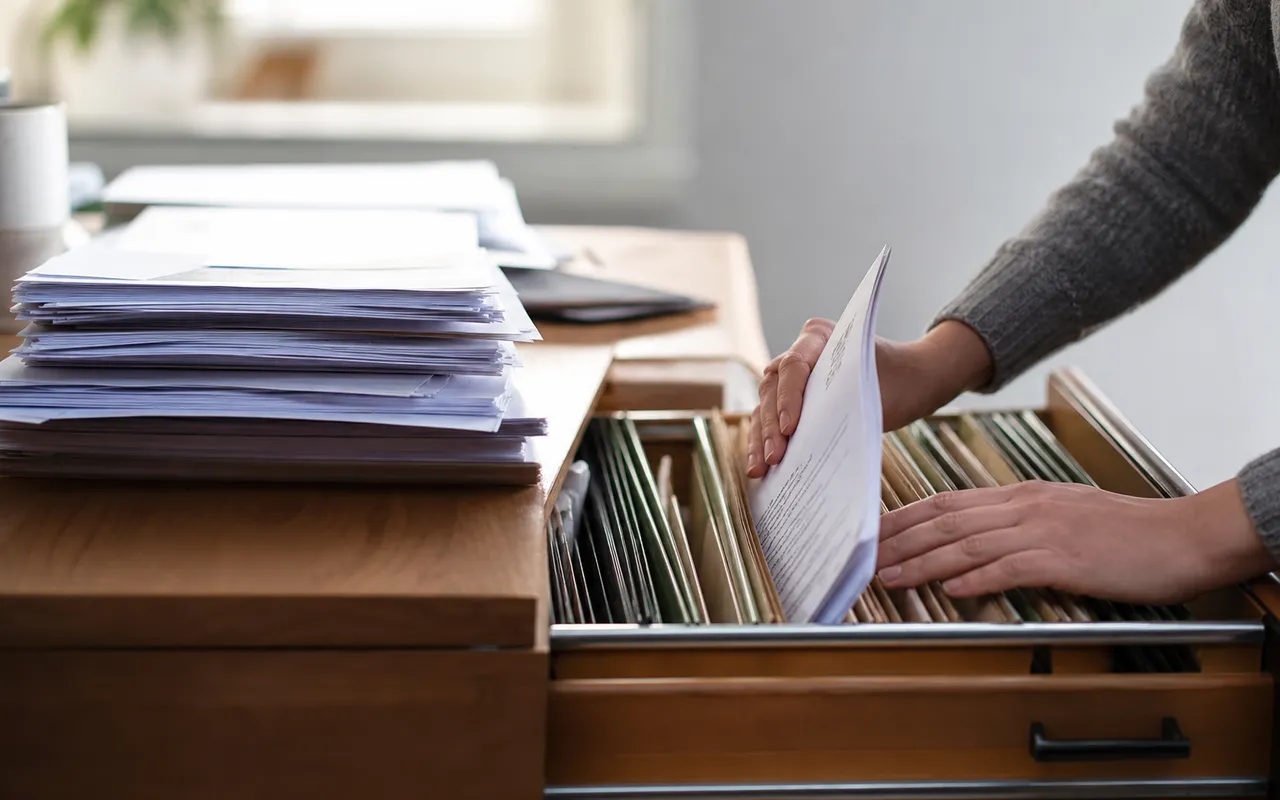 Classement de documents administratifs et factures dans des dossiers suspendus à la maison