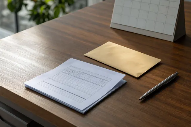 Bulletin de paie et enveloppe posés sur un bureau, à côté d'un stylo et d'un calendrier