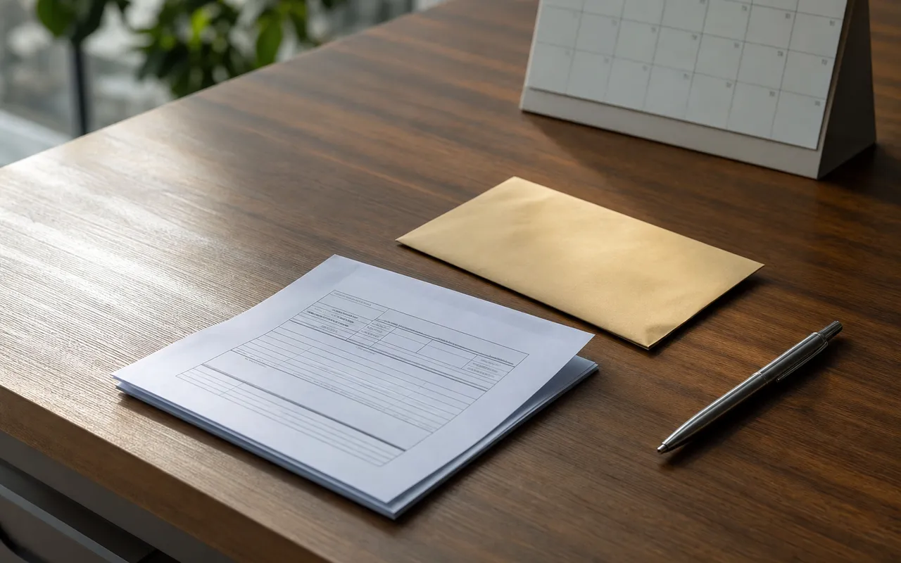 Bulletin de paie et enveloppe posés sur un bureau, à côté d'un stylo et d'un calendrier