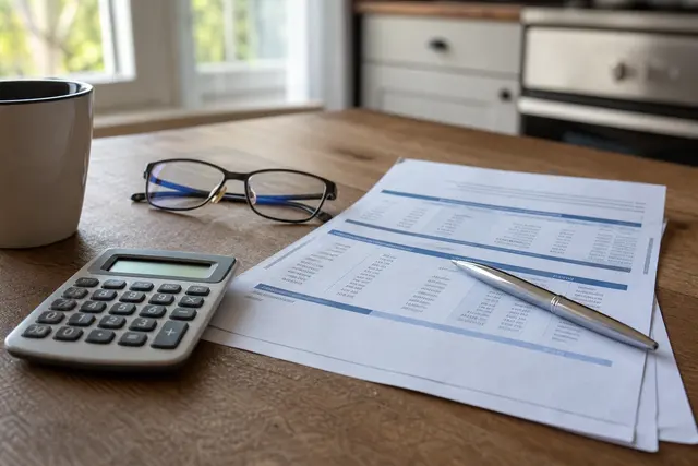 Relevé de compte bancaire posé sur une table avec une calculatrice et un stylo, lignes de frais surlignées