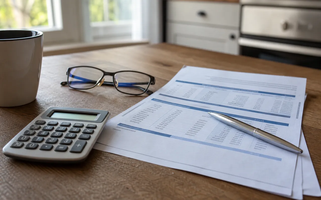Relevé de compte bancaire posé sur une table avec une calculatrice et un stylo, lignes de frais surlignées