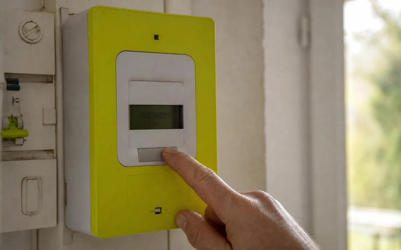 Compteur électrique communicant Linky installé dans un logement, affichage de l'index de consommation