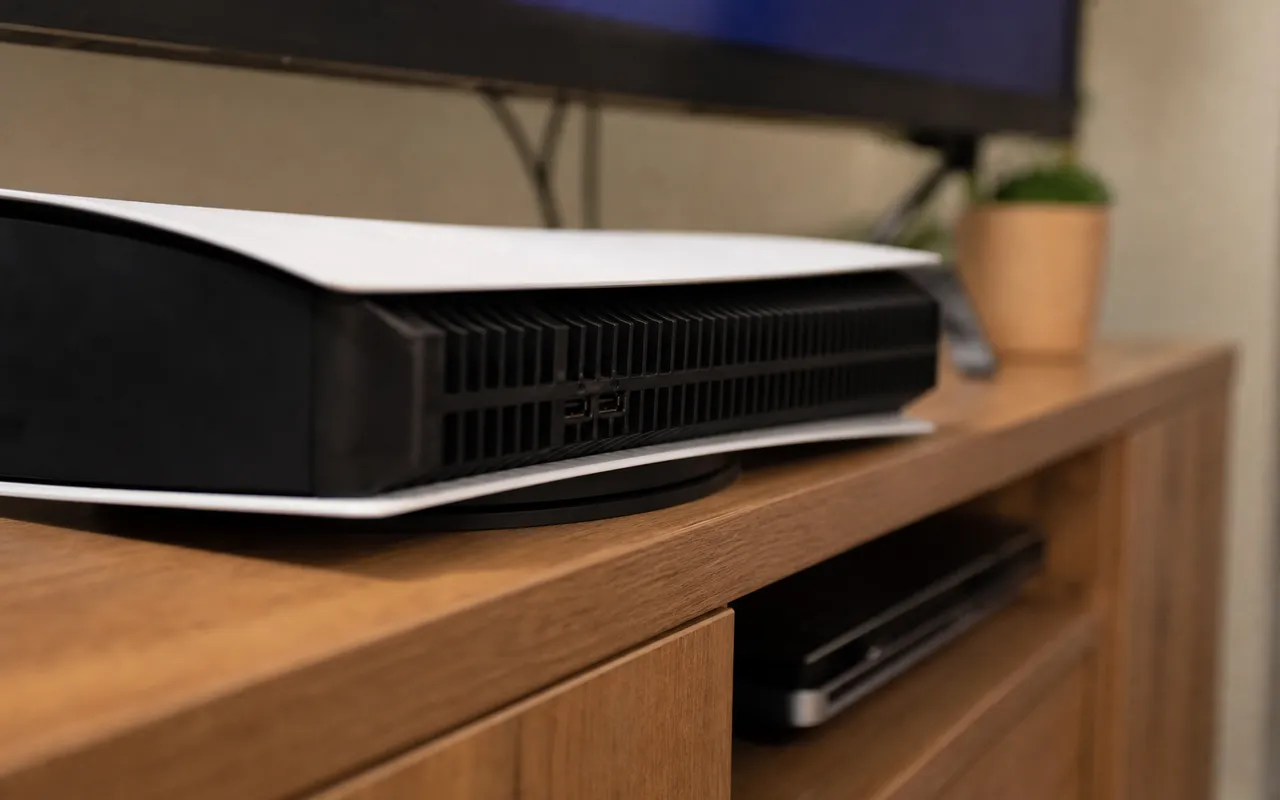 Console de jeu vidéo posée sur un meuble avec sa grille de ventilation visible