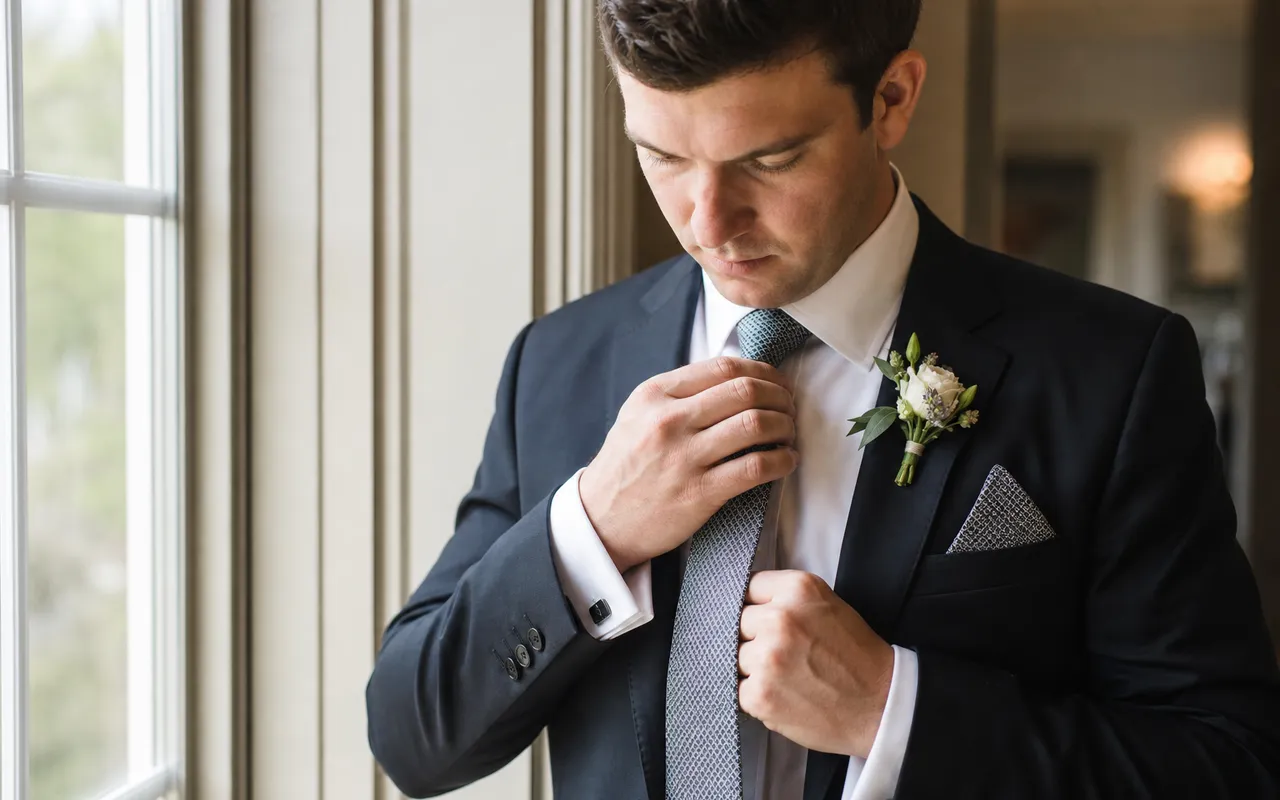 Cravate mariage à motif discret : Subtilité et style avec une cravate ornée d’un motif léger