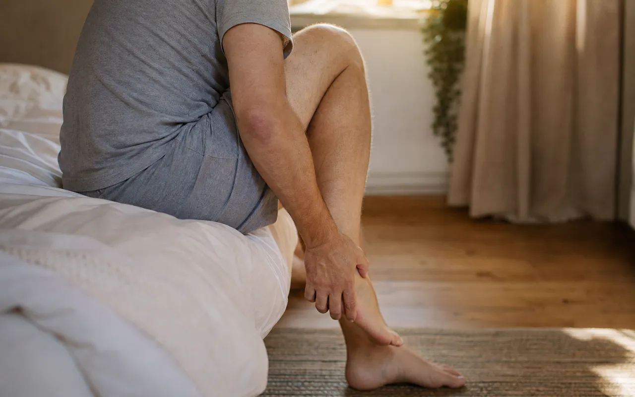 Personne assise au bord du lit le matin, se tenant le talon et la voûte plantaire d'une main