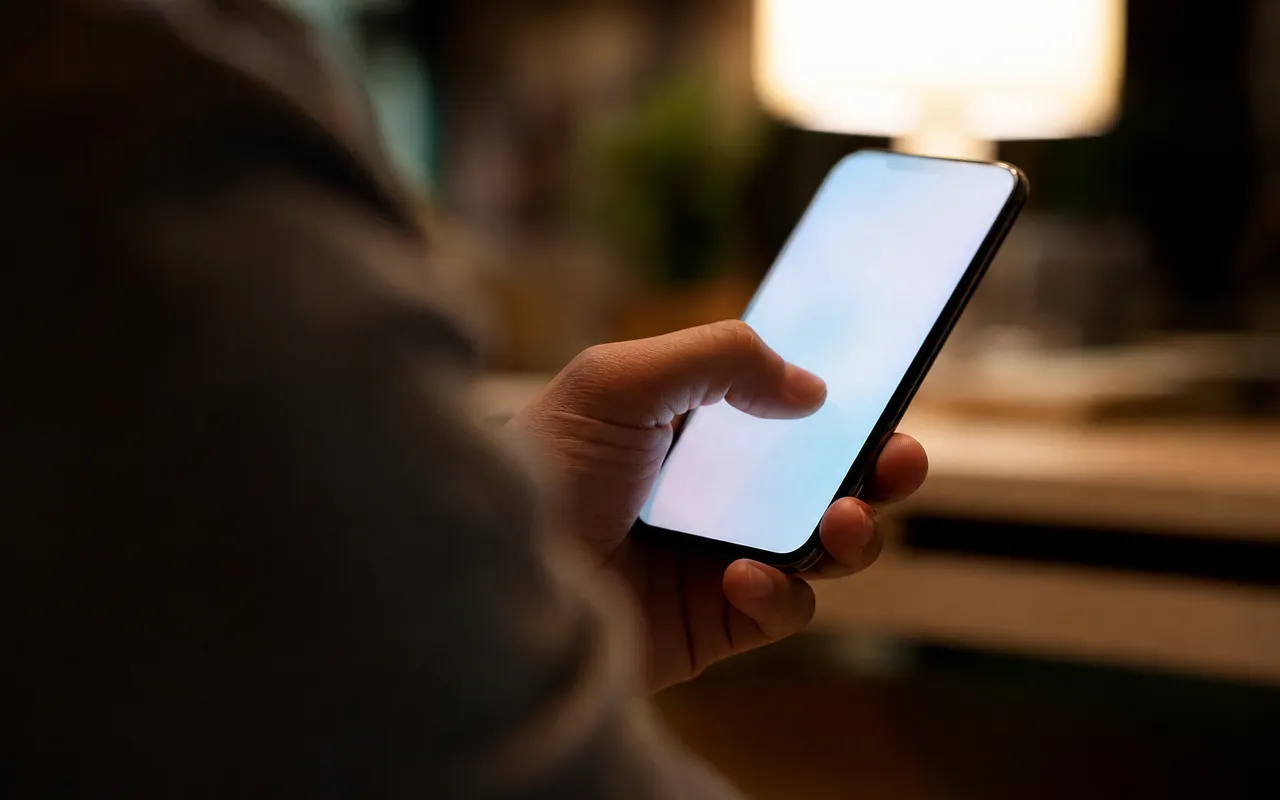 Main tenant un smartphone dont l'écran affiche un scintillement lumineux, gros plan en intérieur