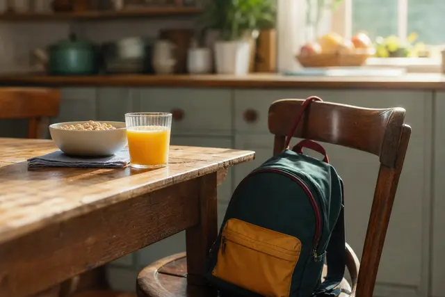 Table du petit-déjeuner au petit matin, bol de céréales intact et cartable posé sur la chaise vide à côté