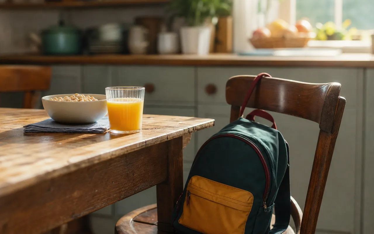 Table du petit-déjeuner au petit matin, bol de céréales intact et cartable posé sur la chaise vide à côté